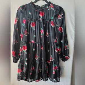NWT Cat & Jack Girls Black Floral Tiered Dress Dark Coquette Whimsigoth